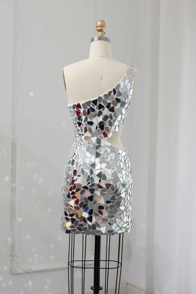Silver Mirror-Cut Sequins One Shoulder Short Homecoming Dress