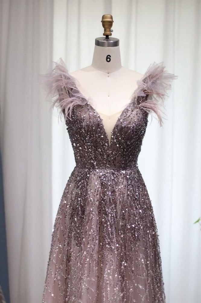 Luxury Glitter Sequins Aline Evening Party Dress V-Neck Fur Floor-Length Formal Dresses