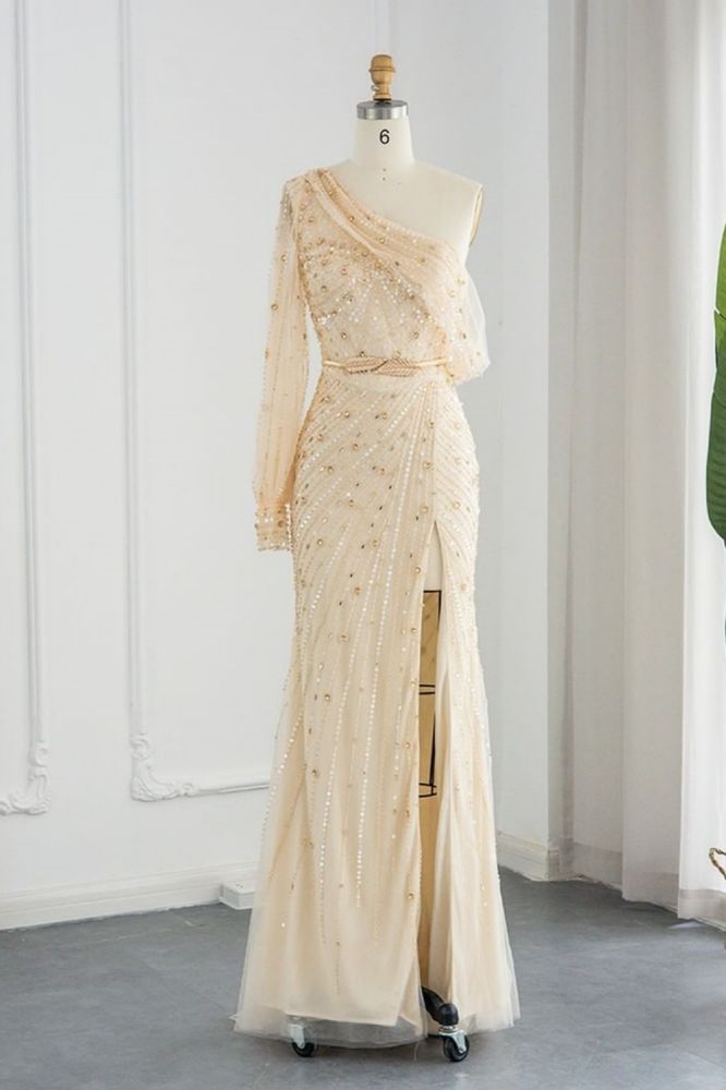 Stunning One Shoulder Mermaid Evening Dress Beadings Dubai Front Slit Formal Dress