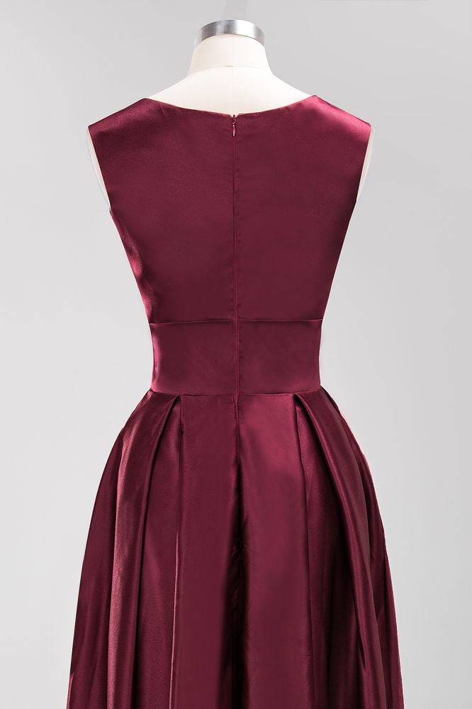 A-line Satin Deep-V-Neck Sleeveless Ruffles Floor-length Bridesmaid Dress