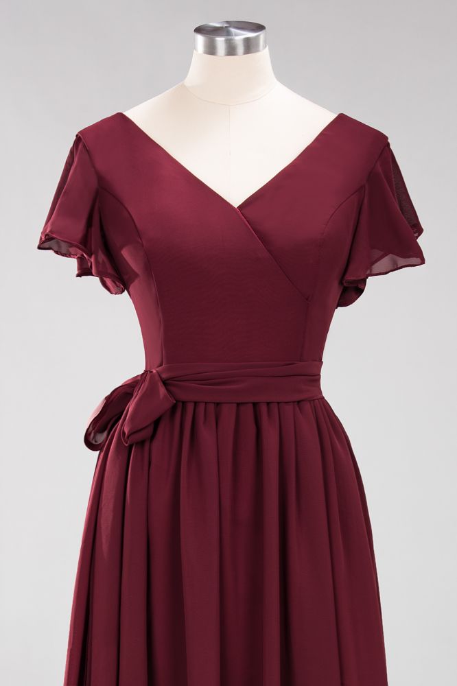 elegant A-line Chiffon V-Neck Short-Sleeves Floor-Length Bridesmaid Dresses with Bow Sash