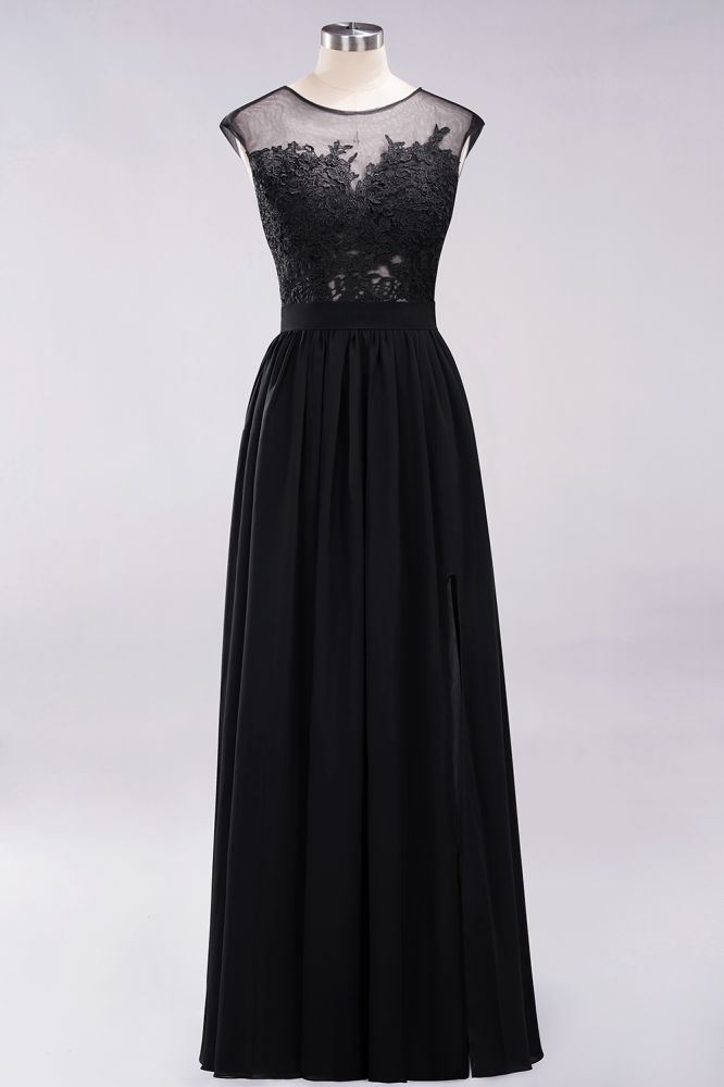 A-line Chiffon Lace Jewel Sleeveless Floor-Length Bridesmaid Dresses with Appliques