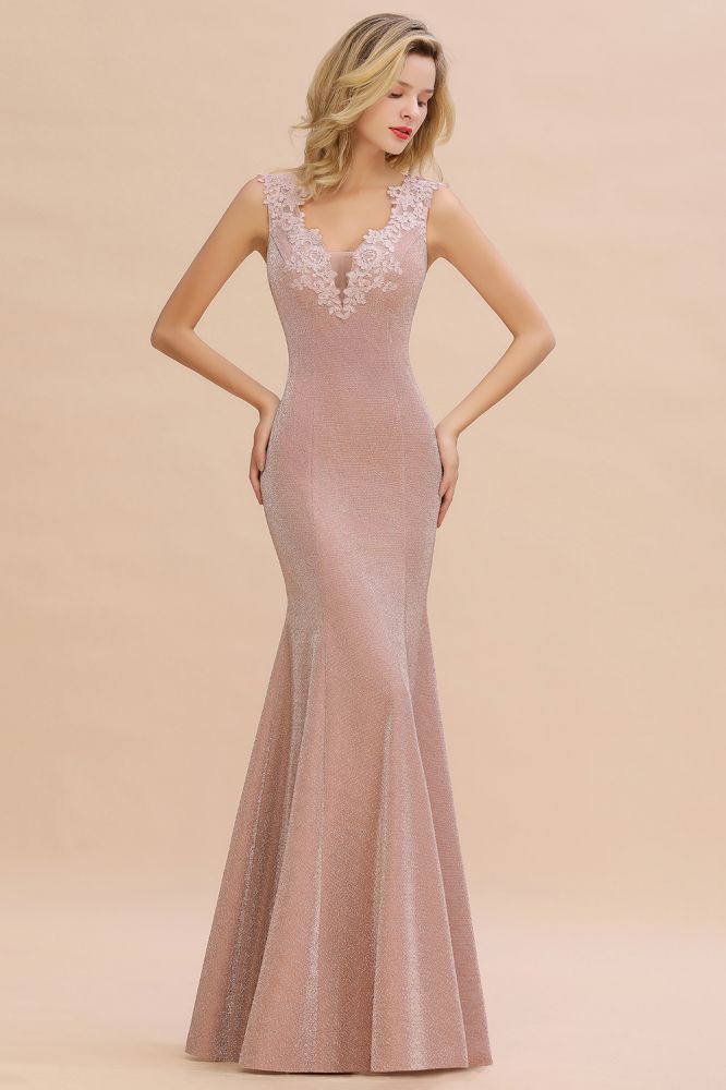 Sparkly Deep V-neck Long Evening Dresses | Elegant Flowers Neck Sleeveless Pink Floor-length Formal Dress-Babyonlinewholesale