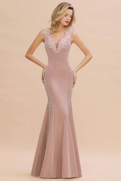 Sparkly Deep V-neck Long Evening Dresses | Elegant Flowers Neck Sleeveless Pink Floor-length Formal Dress-Babyonlinewholesale