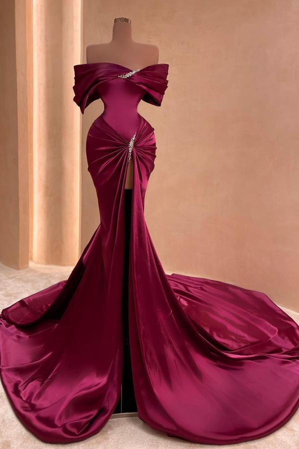 Off the shoulder velvet purple mermaid court train evening dress