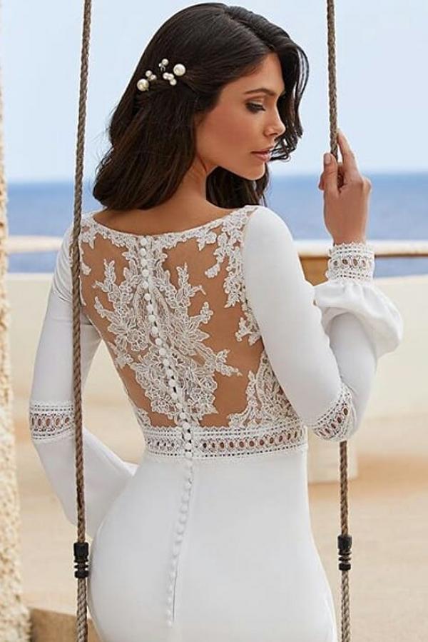 Chic Floor-Length Jewel Neck Long Sleeves Mermaid Chiffon Prom Dresses with Buttons