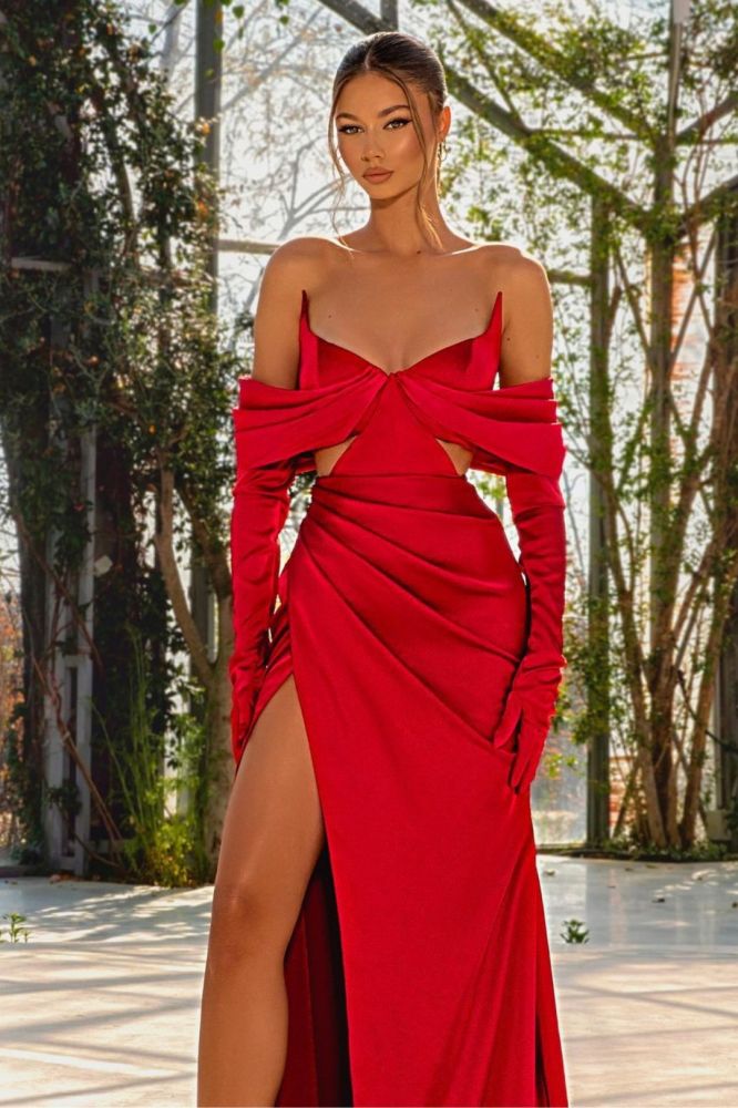 Straps Red High Split Satin Mermaid Evening Dresses