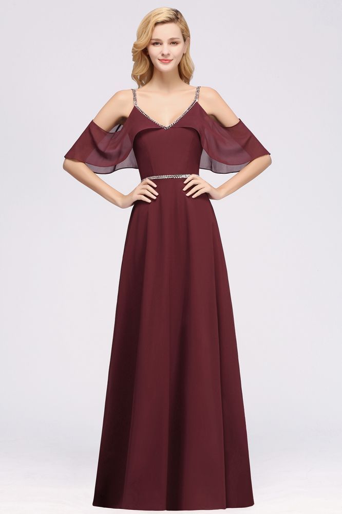 Elegant A-line Chiffon V-Neck Spaghetti Straps Sleeveless Floor-Length Bridesmaid Dresses with Beading Sash-Babyonlinewholesale