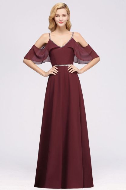 Elegant A-line Chiffon V-Neck Spaghetti Straps Sleeveless Floor-Length Bridesmaid Dresses with Beading Sash-Babyonlinewholesale