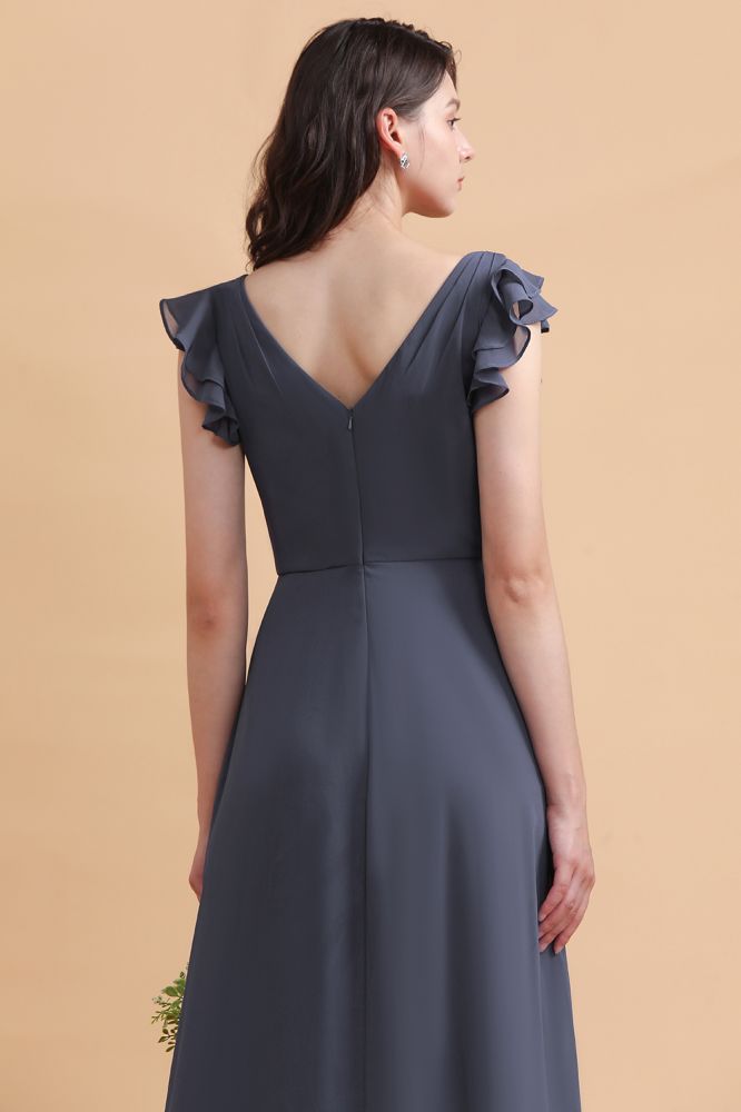 Ruffles Sleeves Chiffon Aline Wedding Party Dress Floor Length Evening Dress