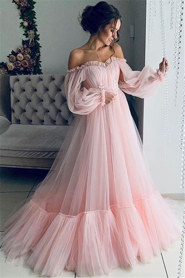 Gorgeous Off-The-Shoulder Long-Sleeves Sheer-Tulle A-Line Prom Dress