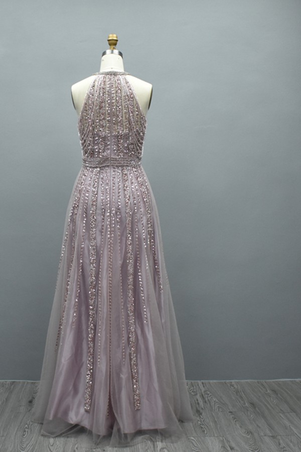 Gold beaded sleeveless Tulle Evening Dresses