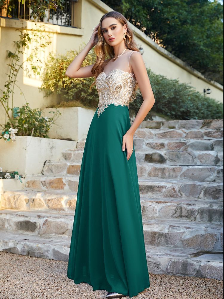 Sleeveless Lace Appliques Long Prom Dresses Chiffon Evening Party Gown