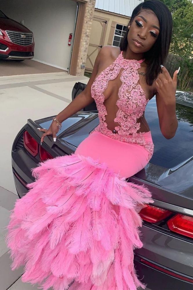 Pink Halter Mermaid Feather Prom Dress Appliques Evening Dressing