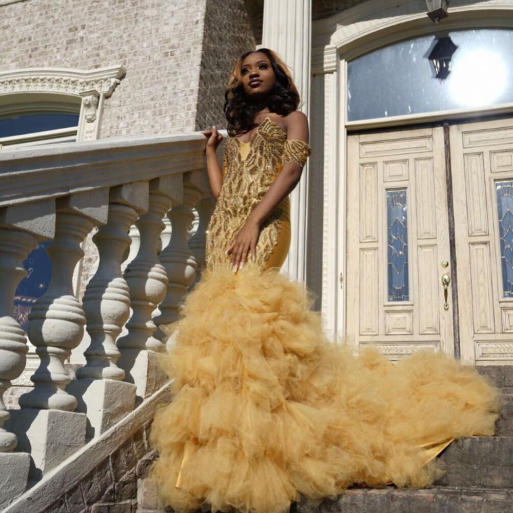 Gold Beads Appliques Fit and Flare Prom Dresses | Off The Shoulder Tulle Ruffles Evening Gowns