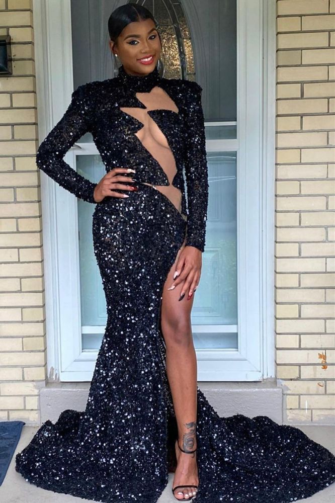 Sparkly Long Sleeve Sequins Side Split Prom Dress