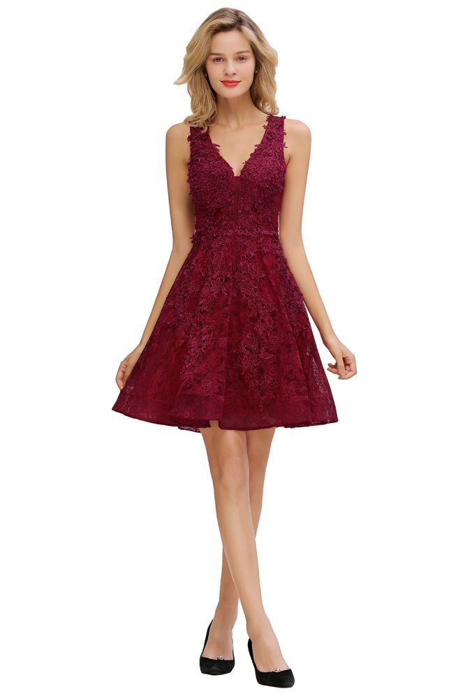Princess V-neck Knee Length Lace Appliqued Homecoming Dresses | Burgundy Dress for Homecoming
