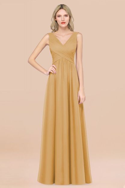 Chiffon A-Line Straps V-Neck Sleeveless Long Bridesmaid Dress with Ruffles