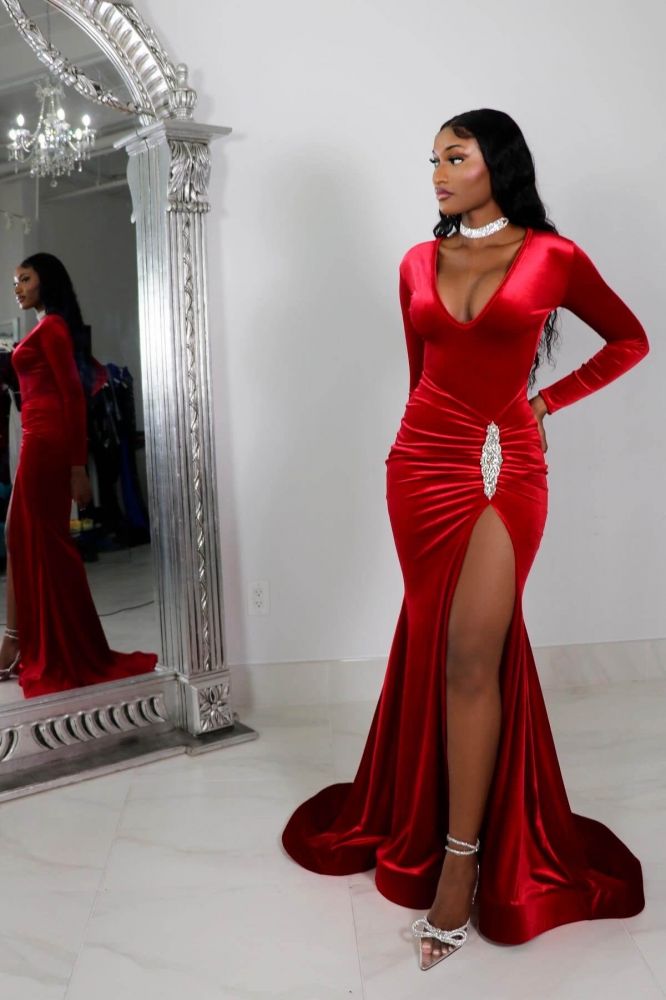 V-neck Long sleeves Red High Split Prom Dresses