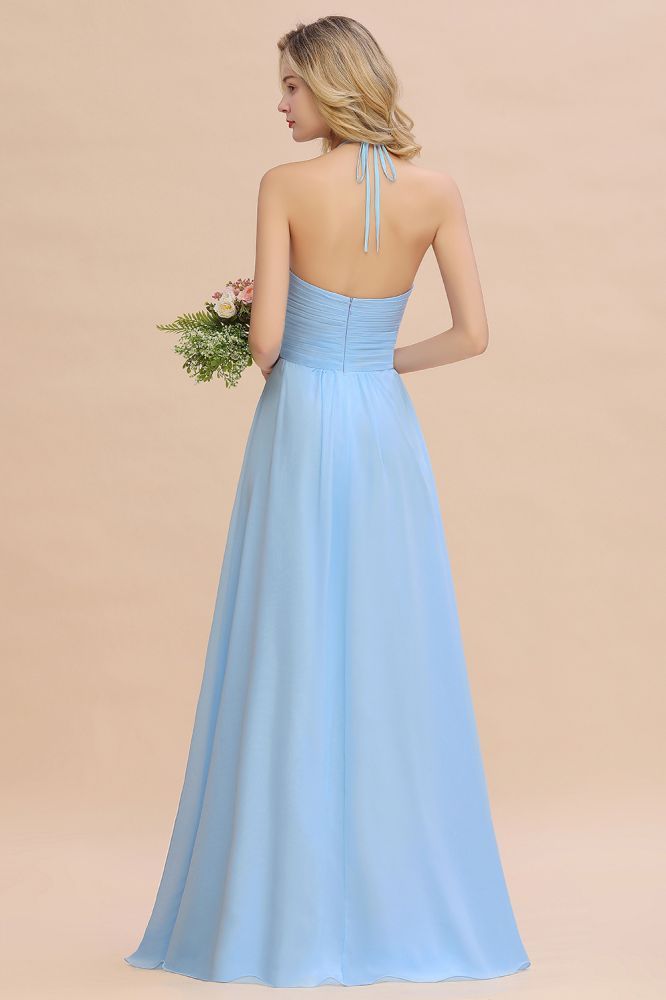 Stylish Sky Blue Halter Soft Chiffon Bridesmaid Dress Aline Evening Swing Dress