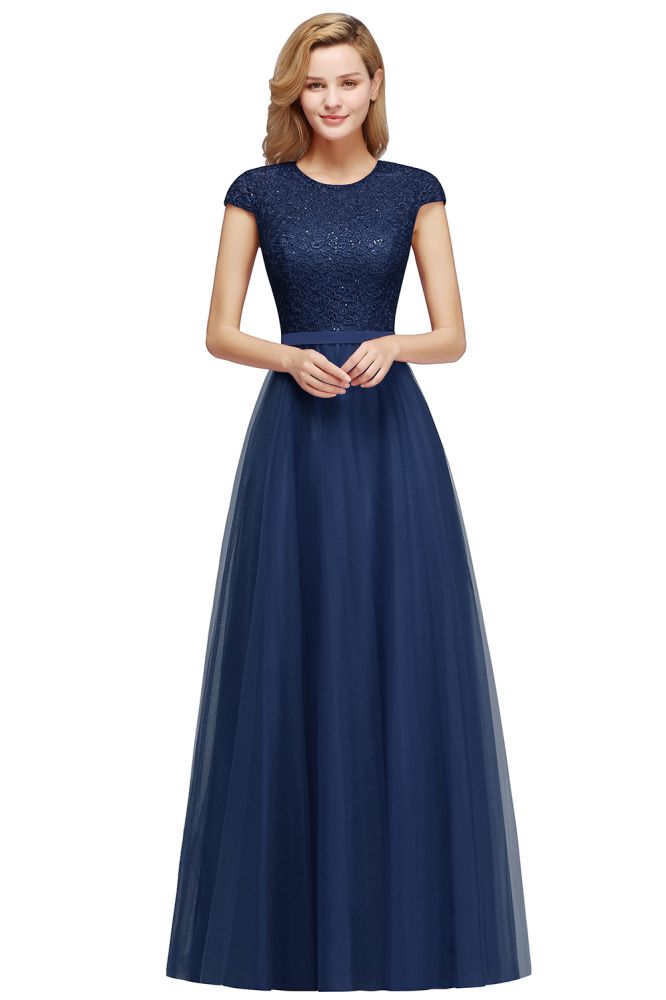 Elegant Lace Top Cap Sleeves Long Tulle Bridesmaid Dresses