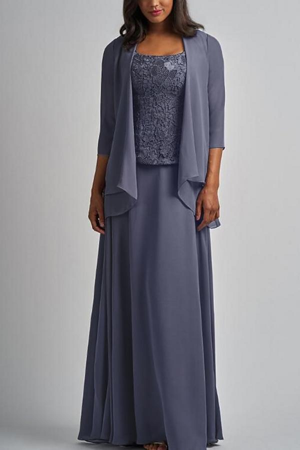 Gray Long sleeves Chiffon High neck Long Mother of the bride dress