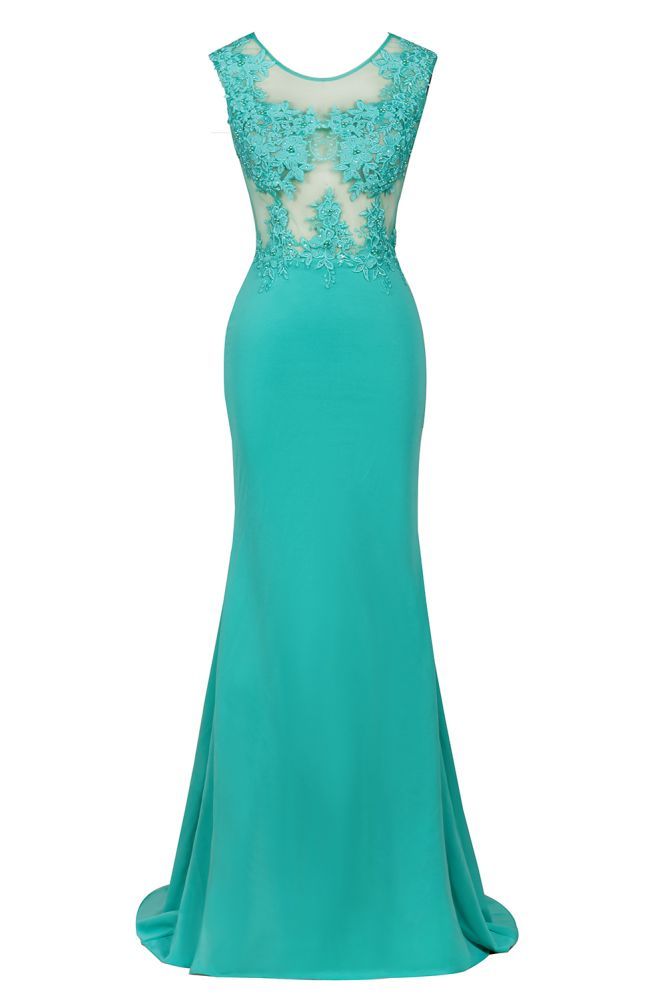 Arrick | Mint Green round neck Cap sleeve Lace appliques Prom Dress