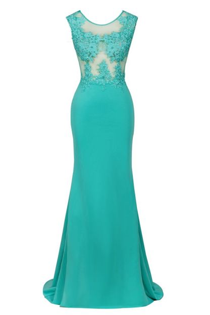 Arrick | Mint Green round neck Cap sleeve Lace appliques Prom Dress