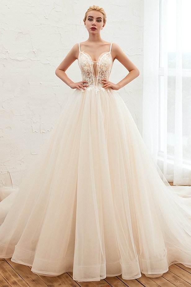 Boho Spaghetti Straps Ivory Ball Gown Wedding Dress | Romantic Bridal Gowns for Sale