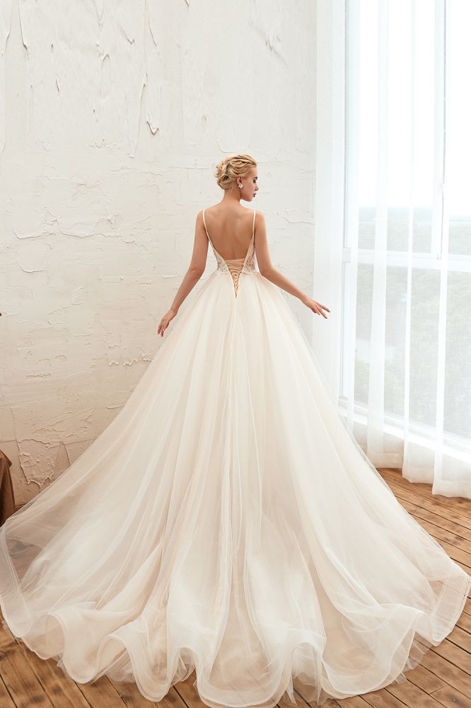Boho Spaghetti Straps Ivory Ball Gown Wedding Dress | Romantic Bridal Gowns for Sale