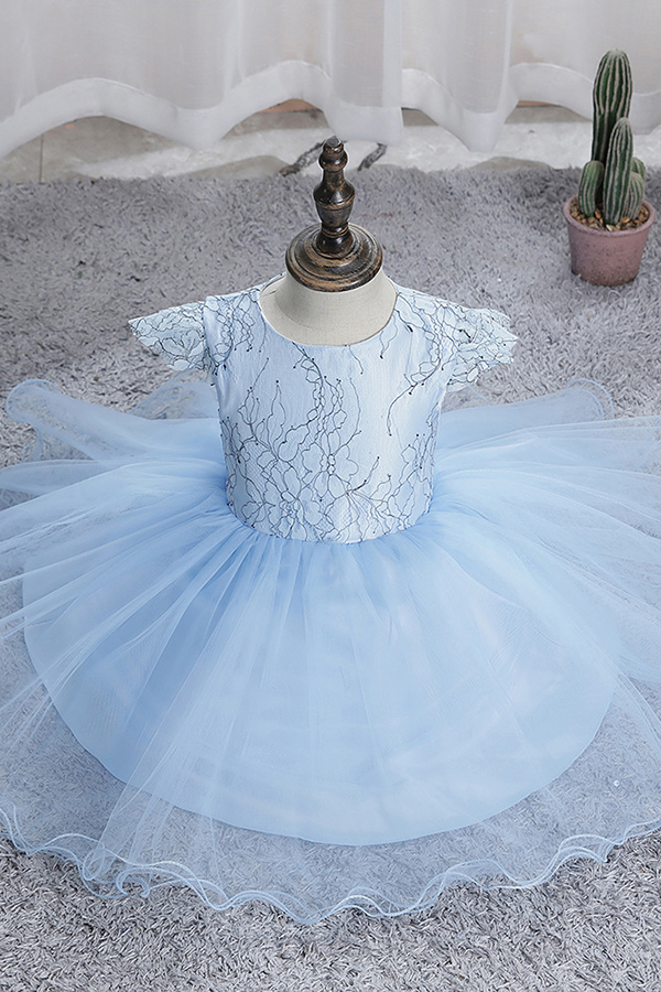 Cap sleeves sky blue a-line princess flower girl dress