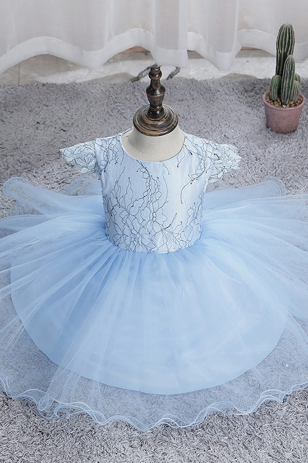 Cap sleeves sky blue a-line princess flower girl dress