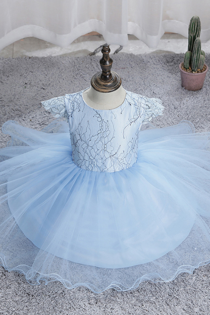 Cap sleeves sky blue a-line princess flower girl dress