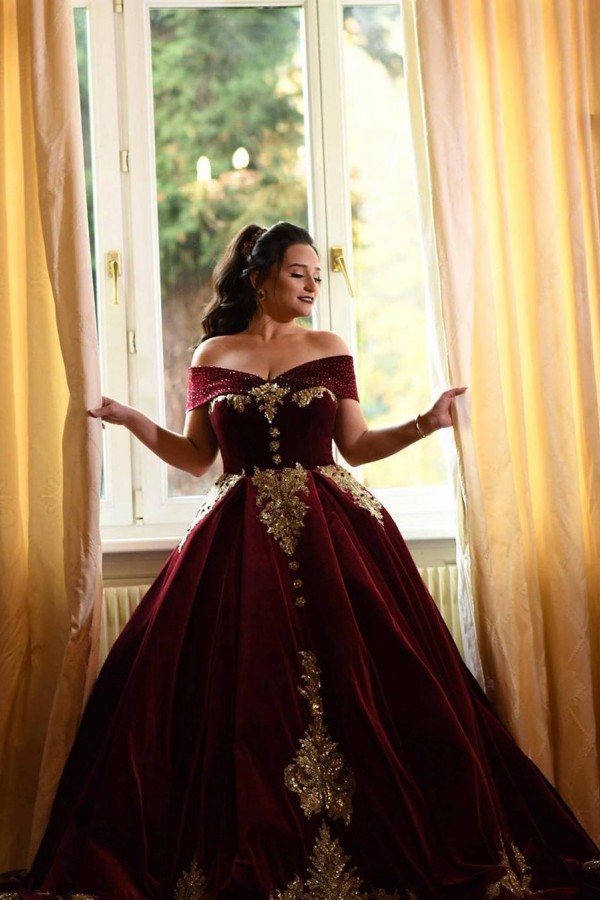 Off-the-shoulder Dark Burgundy Golden appliques Ball Gown Evening Dress