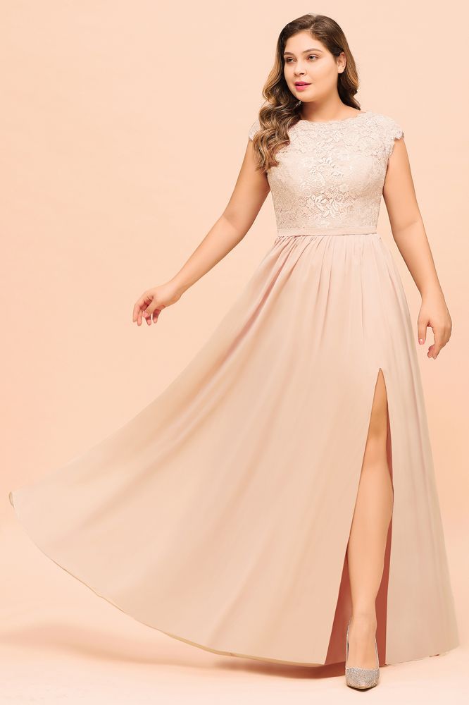 Plus Size Bridesmaid Dress with Side Slit Sleeveless Jewel Neck Chiffon Wedding Guest Dress
