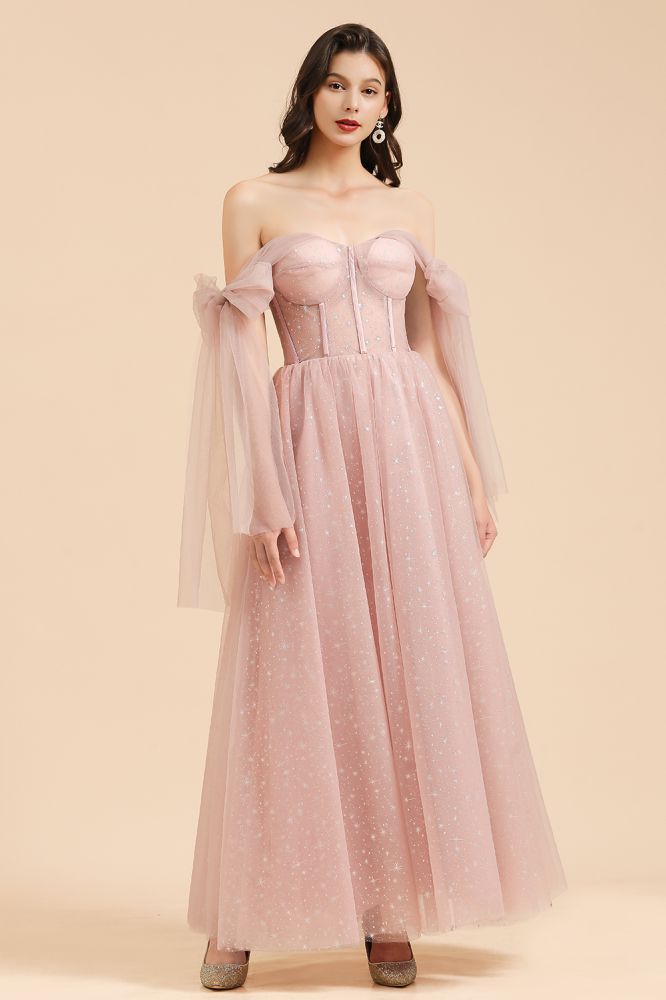 Gorgeous Puffy Sleeves Sparkly Aline Evening Party Dress Chiffon Floor Length Prom Dress