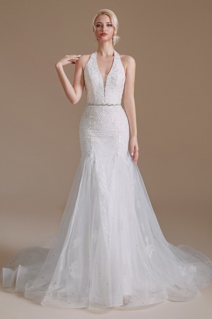 Charming Halter Mermaid Bridal Dress Off-the-Shoulder White Wedding Dress with Deep V-Neck