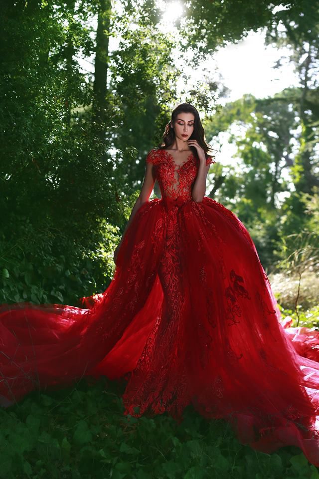 Elegant Red V-Neck OverSkirt Lace Applique Prom Dresses