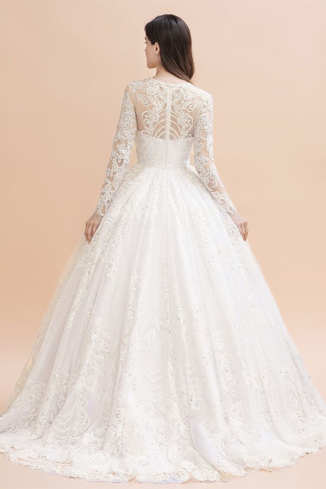Glamorous Long Sleeve Beads White/Ivory Lace Appliques Wedding Dress