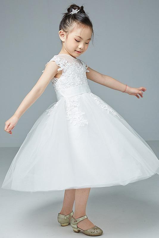 Cute White Sleeveless Tulle Flower Girl Dress Lace Appliques Little Girl Dress