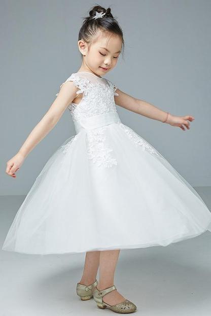 Cute White Sleeveless Tulle Flower Girl Dress Lace Appliques Little Girl Dress