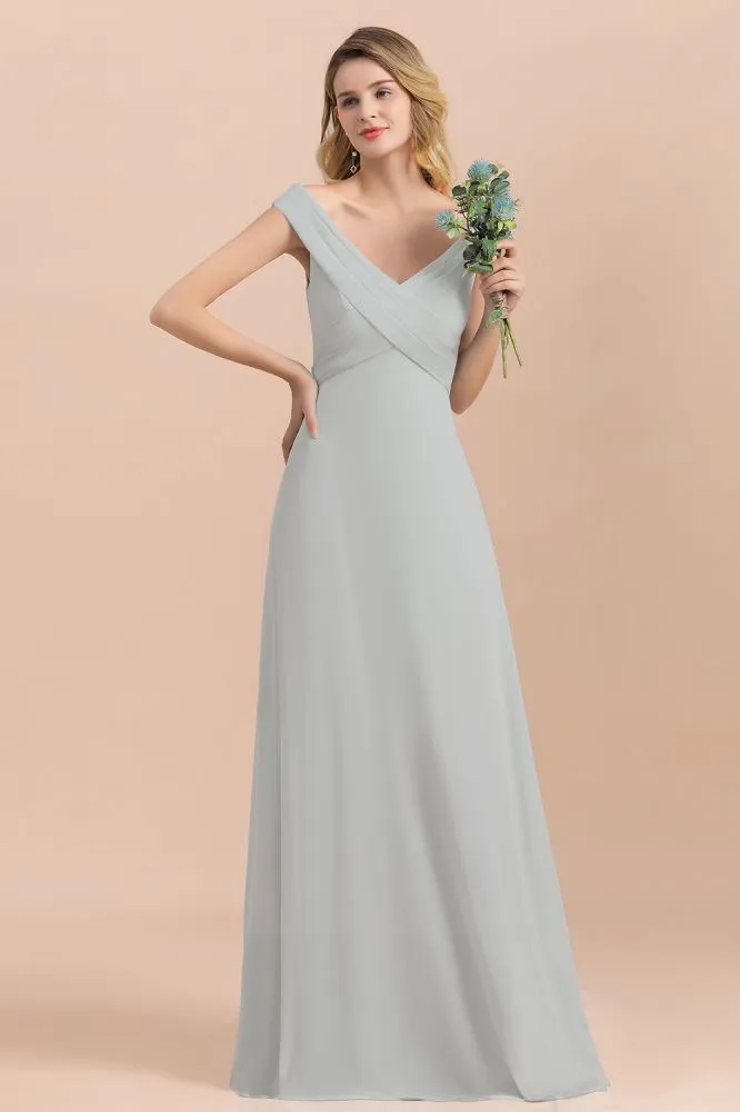 Off Shoulder V-Neck Silver Simple Bridesmaid Dress Aline Floor Length Evening Dress