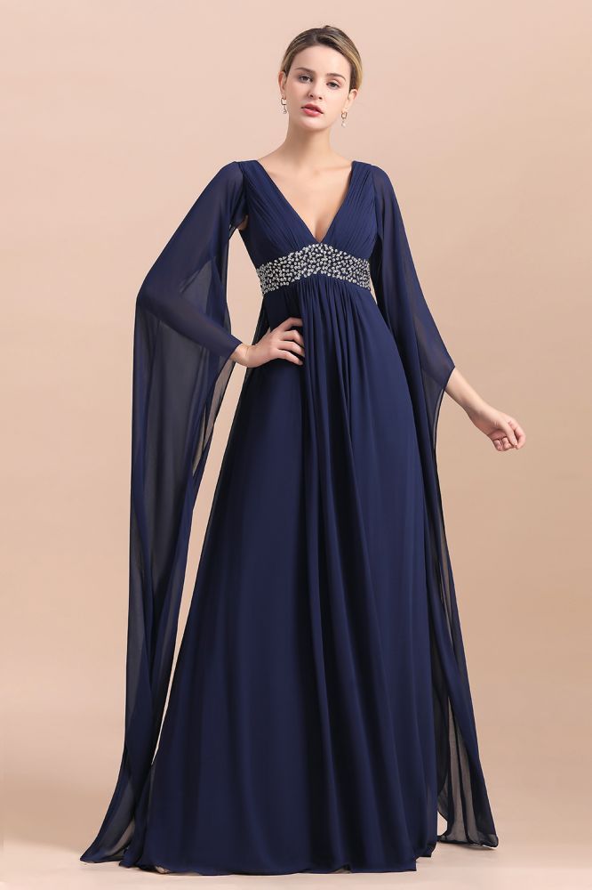 Dark Navy Deep V-neck High waist A-line Beaded Belt Mother Dresses