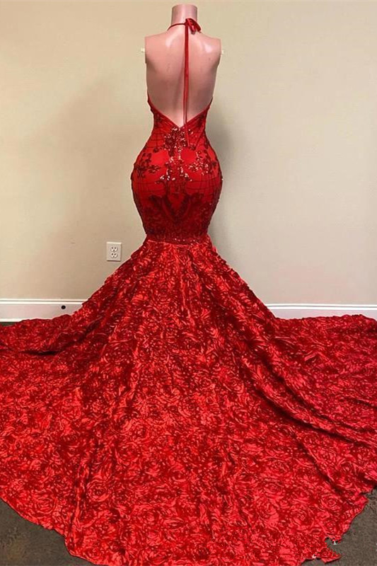 Halter Mermaid flowers Floor length Burgundy Prom Dresses