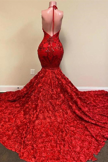 Halter Mermaid flowers Floor length Burgundy Prom Dresses