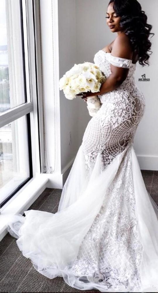 Off-the-shoulder Lace Mermaid Plus Size Wedding Dresses