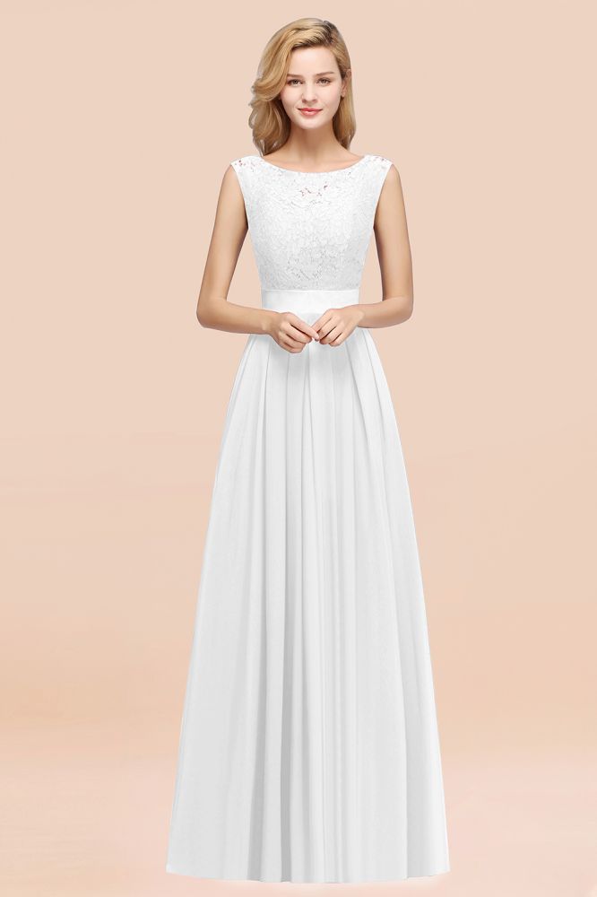 A-line Chiffon Lace Jewel Sleeveless Ruffles Floor-length Bridesmaid Dress