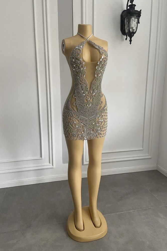 Sexy Halter Sleeveless Short Sheath Sequined Prom Dresses with Rhinestones