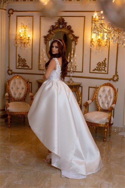 Chic V-Neck Straps Sleeveless Hi-Lo Satin Wedding Dress