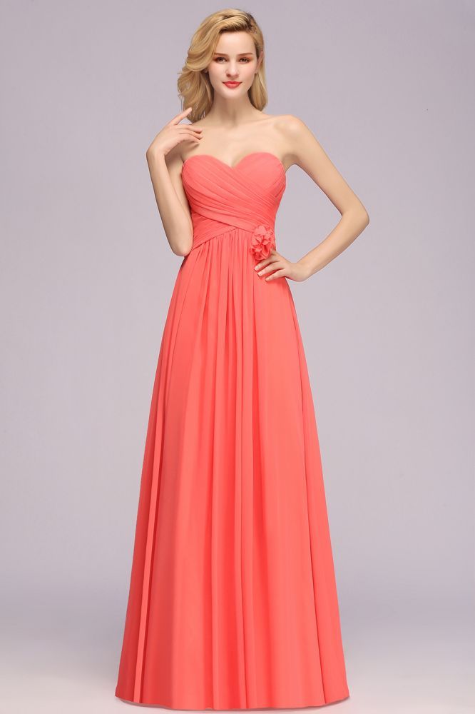 Simple Sweetheart Strapless Flower Watermelon Bridesmaid Dress